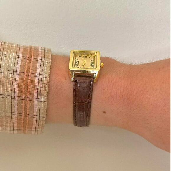 Y2K Gold Brown Leather Quartz Watch with Roman Numerals Unisex 8.5" New - Picture 3 of 4